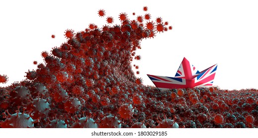 Coronavirus Wave With Paperboat England UK - 3D Illustration