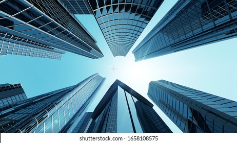 Corporate Building In City Downtown District With Sun Light And Flying Airplane. 3D Rendering