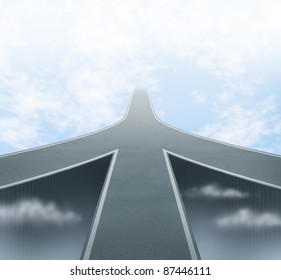 Corporate And Business Mergers Featuring Three Roads Merging Into One Focused Path To A Vanishing Point In The Sky As A Concept Of Partnerships And Teamwork With Common Vision And Company Philosophy.