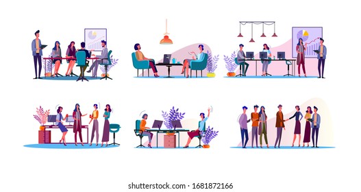 Corporate Discussion Illustration Set. Colleagues Meeting At Table, Discussing Project At Workplaces. Communication Concept. Illustration For Topics Like Business, Partnership, Teamwork