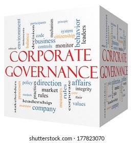Corporate Governance 3D cube Word Cloud Concept with great terms such as code, company, rules and more.