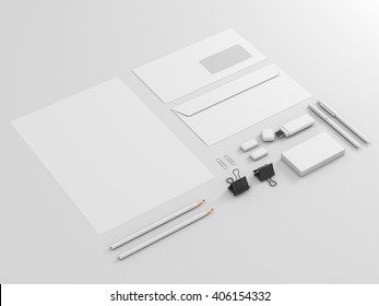 Corporate Identity Template Set. Business Stationery Mock Up With White Blank. Branding Design. Isolated On Background. Letter Envelope, Card, Catalog, Pen, Pencil, Paper. 3d Illustration