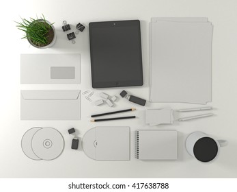 Corporate Identity Template Set Mock Up With Tablet Gadget. Business Stationery Mockup With White Blank. Kit On White Background. Letter Envelope, Card, Notepad, Pen, Pencil, Paper An. 3d Illustration