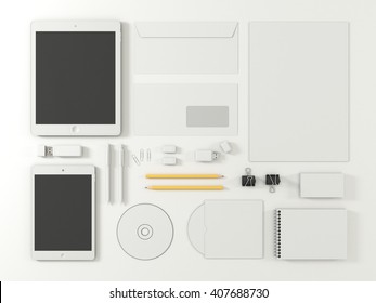 Corporate Identity Template Set With Tablet Gadget. Mock Up Business Stationery With White Blank. Branding Design. On White Background. Letter Envelope Card Notepad Pen Pencil Paper. 3d Illustration