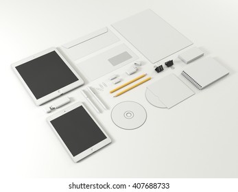 Corporate Identity Template Set With Tablet Gadget. Mock Up Business Stationery With White Blank. Branding Design. On White Background. Letter Envelope Card Notepad Pen Pencil Paper. 3d Illustration