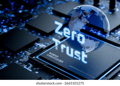 Corporate network administration. Security model "Zero trust". Network security concept. Zero trust on an abstract microchip. Secure network. Network security. Inscription "Zero trust". 3d render