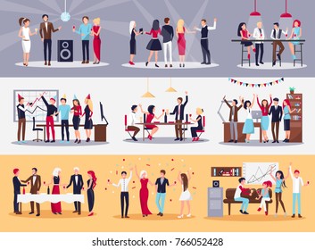 Corporate parties  illustrations set. People drink alcohol, dance, throw confetti, chat with each other and celebrate successful work. - Powered by Shutterstock