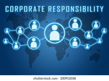 Corporate Responsibility Concept On Blue Background With World Map And Social Icons.