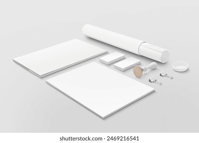 Corporate stationery set mockup. Blank white textured brand ID elements, blank template, for graphic designer presentations and portfolios. 3D rendering
