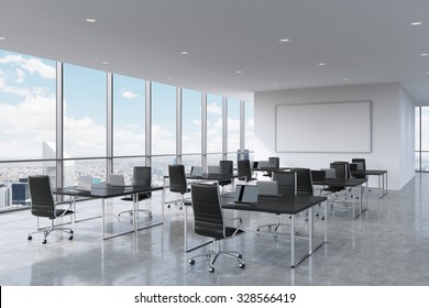 Corporate Workplaces Equipped By Modern Laptops In A Modern Panoramic Office In New York City. Black Leather Chairs And A Black Tables, A Huge Whiteboard On The Wall. 3D Rendering.