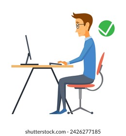 Correct body alignment in sitting working with computer. Wrong posture cause office syndrome and back pain. illustration