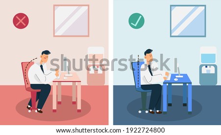 Correct and incorrect way of sittting and working on computer in office.