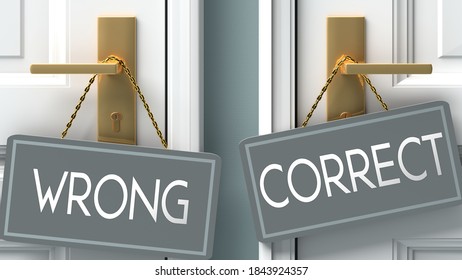 correct or wrong as a choice in life - pictured as words wrong, correct on doors to show that wrong and correct are different options to choose from, 3d illustration