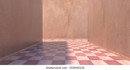 Corridor interior, old ceramic tiles terracotta floor chessboard style and brown walls backdrop, mockup template. Retro, vintage flooring, red, pink color. Perspective view. 3d illustration