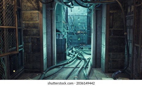 Corridor of an old ancient building used for a modern cyber laboratory. The image for futuristic, cyber and sci-fi backgrounds. View of the corridor in the laboratory of the future. 3D rendering