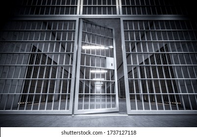 corridor of a prison with bars and open cell door. 3d render. concept of retention, crisis, loneliness, consequences. Crime.