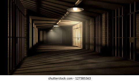 A corridor in a prison at night showing jail cells illuminated by various ominous lights