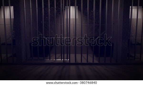 夜の刑務所の廊下で監獄の監房を映し出す のイラスト素材