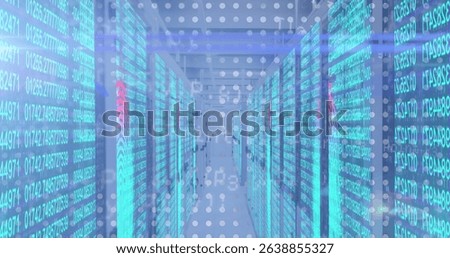 Corridor of server racks displaying cyan code overlay in data center, with LED indicator lights. Futuristic, technology, network, digital, infrastructure, industrial, modern