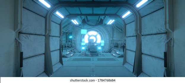 Corridor To A Spaceship Command Post. Futuristic 3D Illustration With High Attention To Detail. Space Wallpaper.