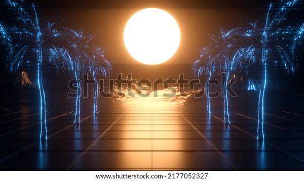 Corridor of their palm trees towards the bright sun among the mountains, retro background - 3D rendering.