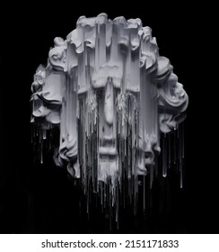 Corrupted graphics glitch pixel sorting monochrome illustration 3D rendering of white marble classical head sculpture of bearded old man on black background.
