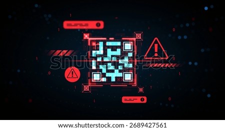 Corrupted QR code with warning symbols in digital glitch style on dark futuristic background, concept of fake scam virus and cybersecurity threat. 3D Rendering