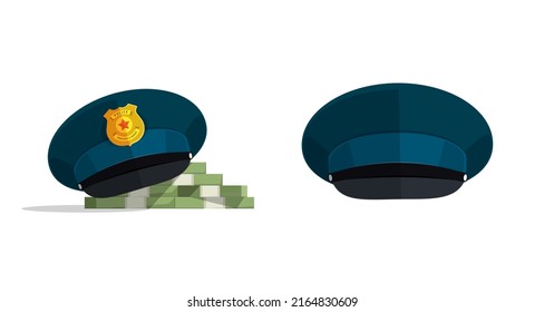 Corruption Bribery Concept Or Money Security Guard With Police Cop Officer Hat Isolated Flat Cartoon Illustration, Idea Of Penalty Cash Arrest Or Criminal Fine, Law Finance Crime Graphic