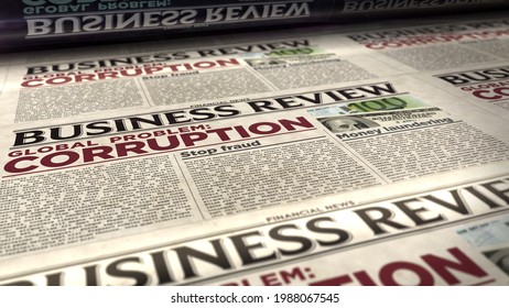 Corruption In Business Global Problem, Stop Fraud And Money Laundering News. Daily Newspaper Print. Vintage Paper Media Press Production Abstract Concept. Retro Style 3d Rendering Illustration.