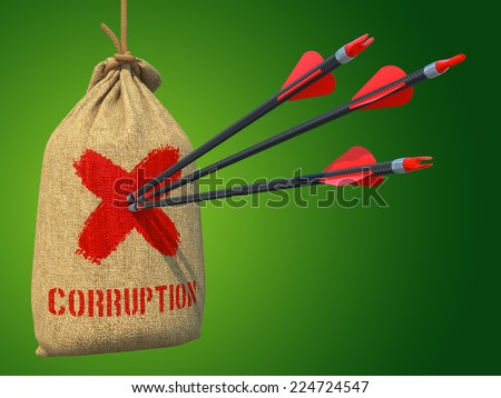 Corruption - Three Arrows Hit in Red Target on a Hanging Sack on Green Background.