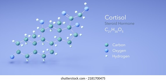 Cortisol, Steroid Hormone. Structural Chemical Formula And Atoms With Color Coding, 3d Rendering