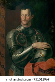 COSINO I DE\x90 MEDICI, by Workshop of Bronzino, 1550_74, Italian Renaissance painting, oil on wood. Cosimo ascended to power when, the Duke of Florence, Alessandro de Medici, was assassinated in 1537