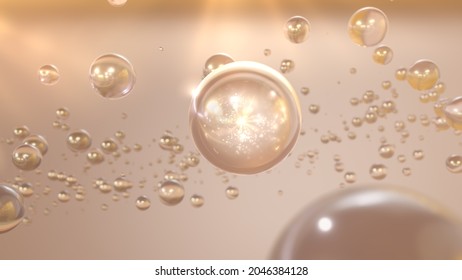 Cosmetic 3d Golden liquid bubbles on a bright background. Collagen bubbles Design. Moisturizing Cream and Serum Concept. Vitamin for personal care and beauty concept. 