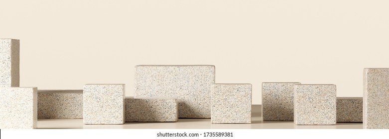 Cosmetic background for product presentation. Beige stone podium on beige background. 3d rendering illustration.