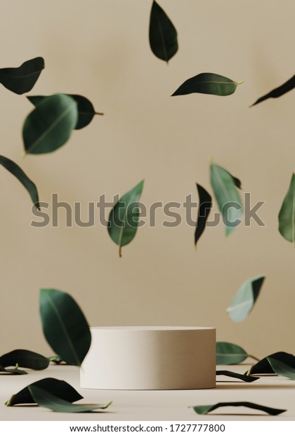 Cosmetic background for product\
presentation. Beige paper podium and falling green leaves on beige\
background. 3d rendering\
illustration.