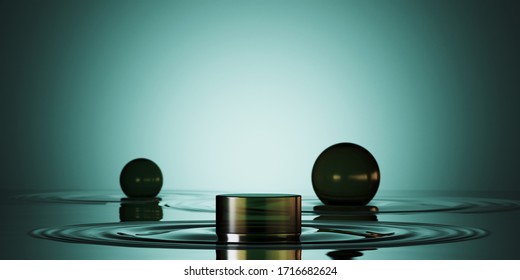 Cosmetic Background For Product Presentation. Green Tinted Glass Podium On Water Ripple Surface. 3d Rendering Illustration.