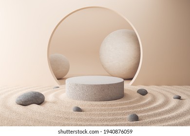 Cosmetic Background For Product Presentation, Podium Display On Zen Circle Pattern In Sand, 3d Rendering.