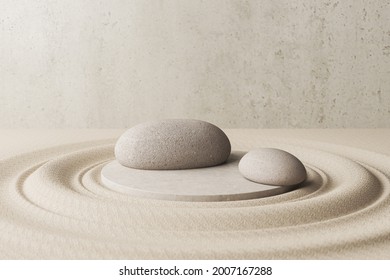 Cosmetic Background For Product Presentation, Podium Display On Zen Circle Pattern In Sand, 3d Rendering.