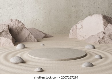 Cosmetic Background For Product Presentation, Podium Display On Zen Circle Pattern In Sand, 3d Rendering.