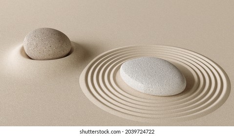 Cosmetic Background For Product Presentation, Podium Display On Zen Circle Pattern In Sand, 3d Rendering.