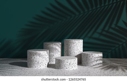 Cosmetic background for product  presentation. white  terrazzo podium on dark green wall scene with shadow of leaf. Minimal geometric shape. fashion magazine illustration. 3d render illustration.