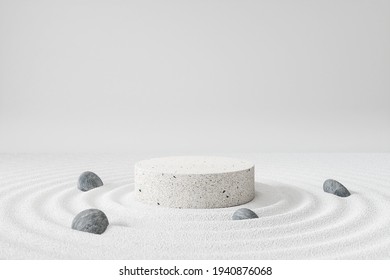 Cosmetic Background For Product Presentation, White Stone Podium Display On Zen Circle Pattern In Sand, 3d Rendering.