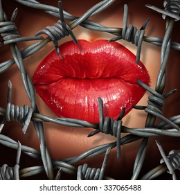 Cosmetic beauty product restrictions concept or banned relationship symbol as female lips with red lipstick behind hazardous barbed or barb wire as a metaphor for restricted  prohibited human love.