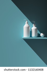 Cosmetic brand template. Raster packaging. Oil, lotion, shampoo. Bottle mock up set. On the shelf. 3D illustration