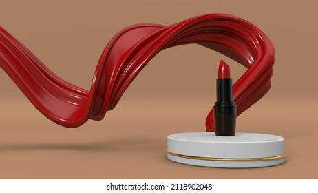 Cosmetic branding, glamour lip gloss and shopping sale concept - Luxury lipstick and red fluid ribbon on beige  background, make-up and cosmetics flatlay for beauty brand product design. 3d render - Powered by Shutterstock