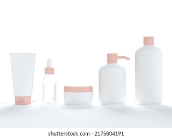 Cosmetic Cream Tube, Jar With Lid, Liquid Soap And Shampoo, Serum Bottle 3D Render On White Background, Different Product Packaging Mock-up