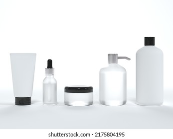 Cosmetic Cream Tube, Jar With Lid, Liquid Soap And Shampoo, Serum Bottle 3D Render On White Background, Different Product Packaging Mock-up