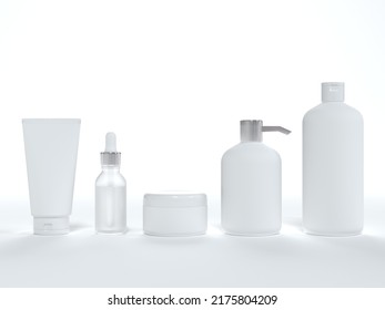 Cosmetic Cream Tube, Jar With Lid, Liquid Soap And Shampoo, Serum Bottle 3D Render On White Background, Different Product Packaging Mock-up