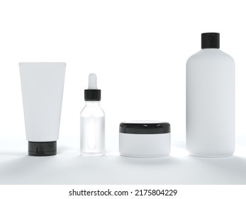 Cosmetic Cream Tube, Jar With Lid, Liquid Soap And Shampoo, Serum Bottle 3D Render On White Background, Different Product Packaging Mock-up