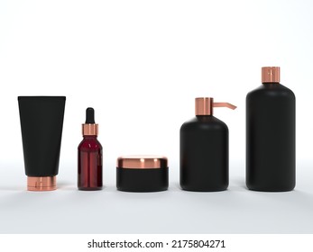 Cosmetic Cream Tube, Jar With Lid, Liquid Soap And Shampoo, Serum Bottle 3D Render On White Background, Different Product Packaging Mock-up